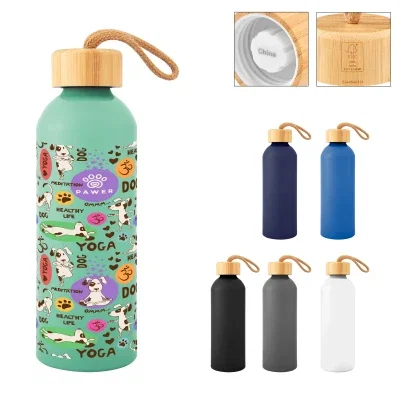 Recycled aluminum water bottle topped with a bamboo lid