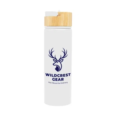 Recycled aluminum water bottle with bamboo lid standing upright