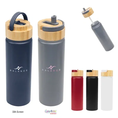 Bamboo lid twisted onto the neck of the slim bottle