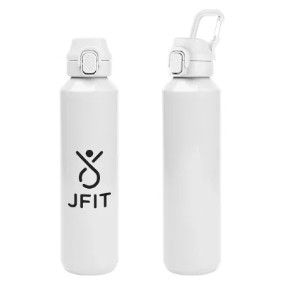 Recycled aluminum sports bottle with carabiner clip and 27 ounce capacity