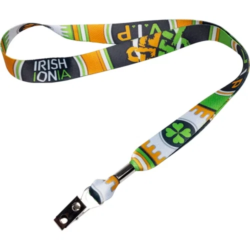 Heavyweight satin lanyard in blue, double-sided four-color-process sublimated badge strap