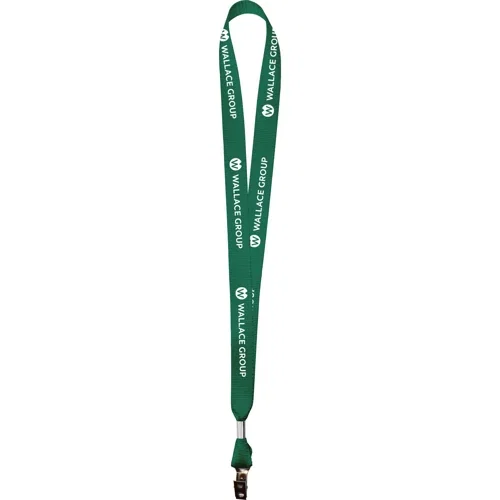 3/4" nylon web lanyard in black, screen-printed step-and-repeat logo strap