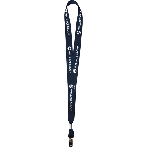 3/4" nylon web lanyard in navy blue, durable woven neck strap with imprint