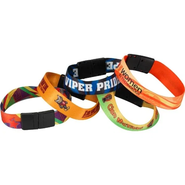 3/4" sublimated satin wristband with reusable safety breakaway, full-color event band