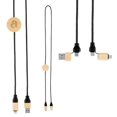 Bamboo and rPET fast charging cable coiled beside its connector ends