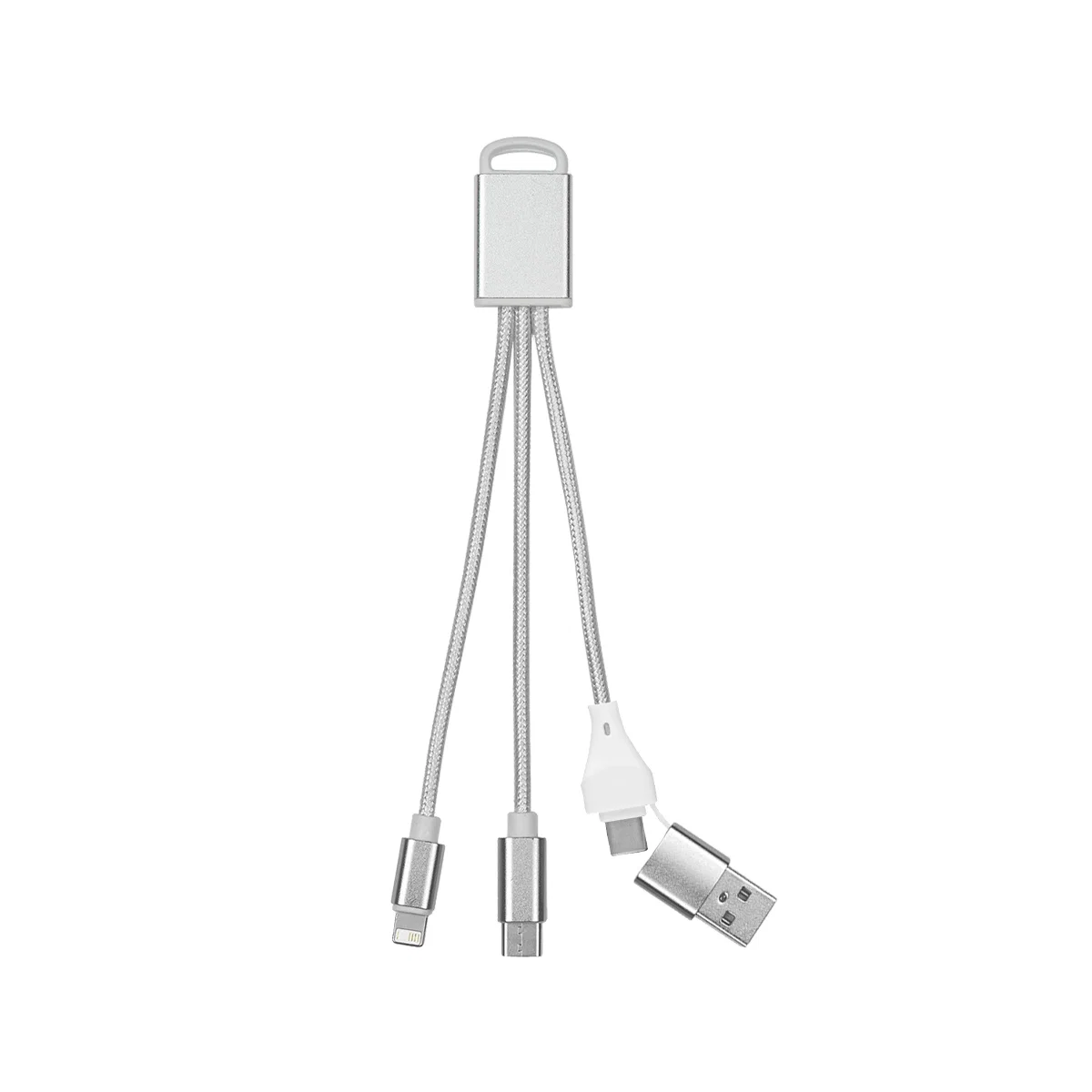 Braided three-in-one charging cable coiled into a compact loop