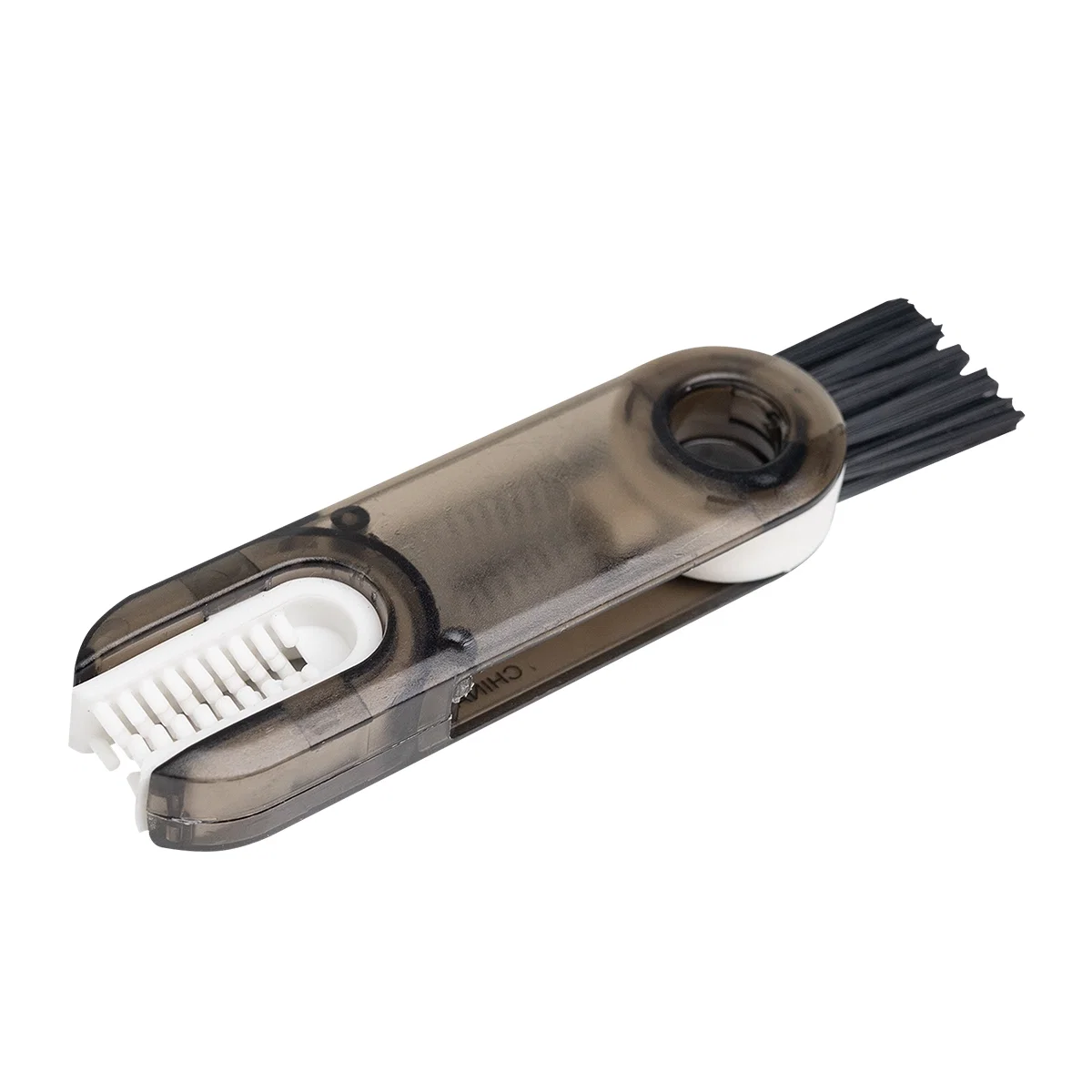 Translucent handle holds the bristle heads at one end