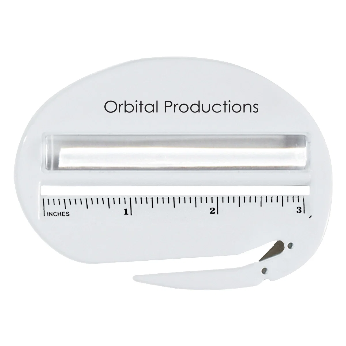 Translucent blue three-in-one tool with a recessed cutting blade
