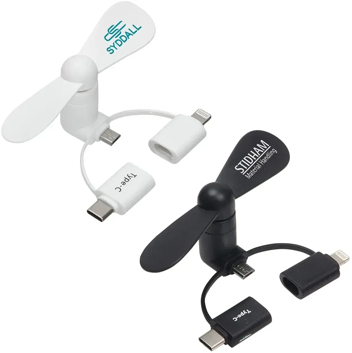 Custom 3-in-1 mini phone fan, branded tech giveaway front view with logo area