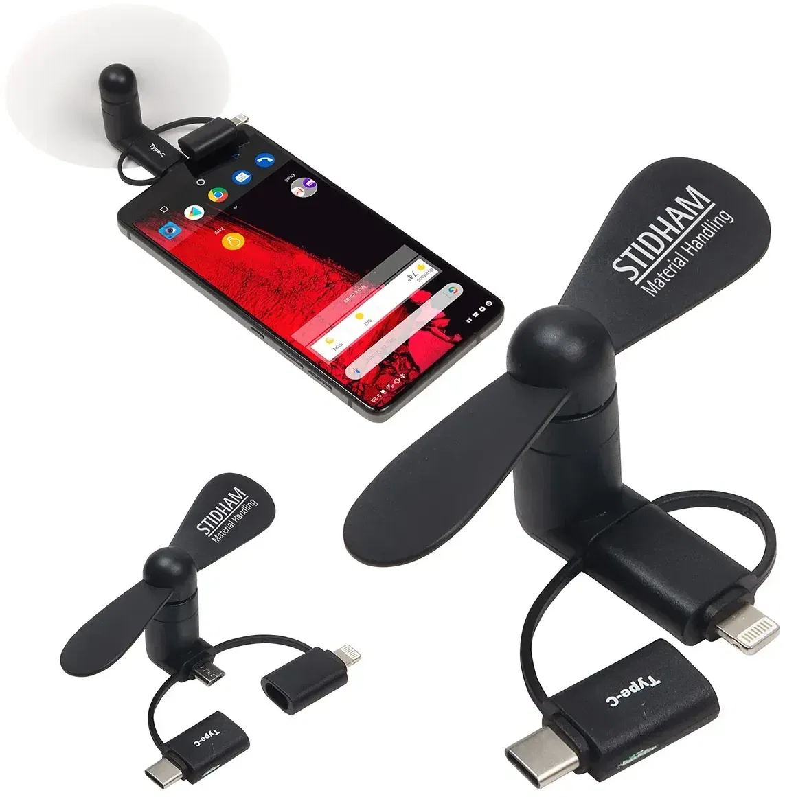 Branded mini phone fan plugged into a phone for cooling