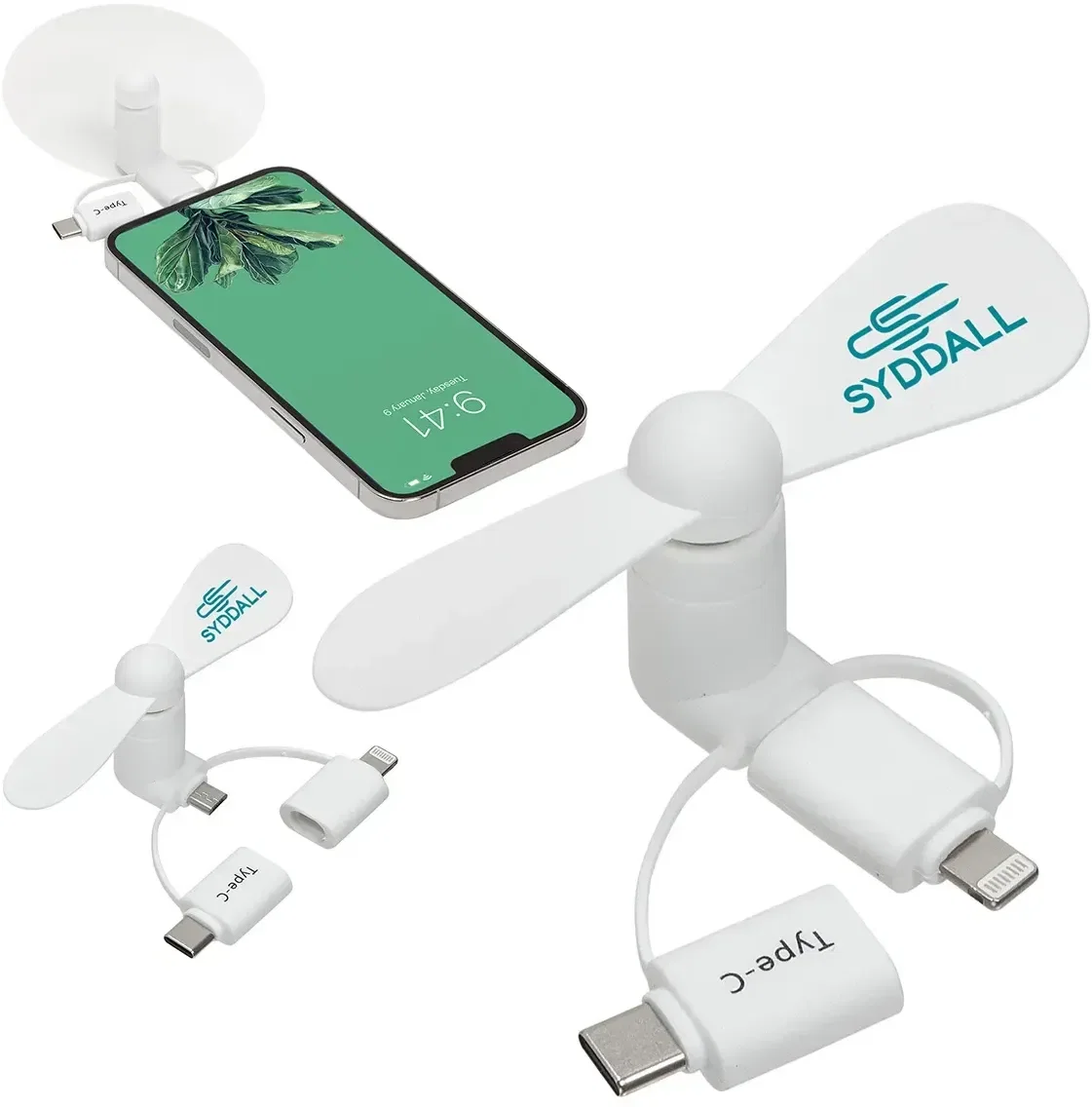 Promotional 3-in-1 phone fan showing three included adapters