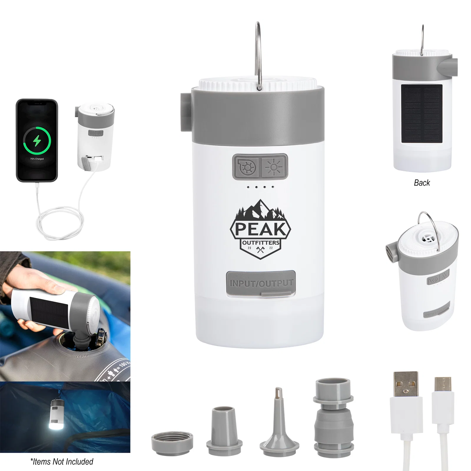 Handheld air pump in white with gray accents