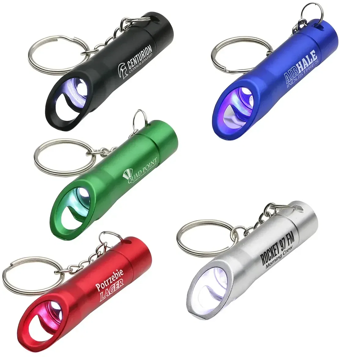 3-LED Aluminum Bottle Opener Keychain, custom branded keychain light with opener, front view