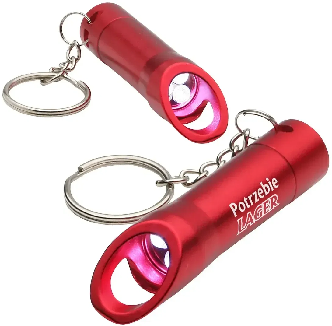 Custom 3-LED bottle opener keychain showing flashlight end, branded EDC giveaway