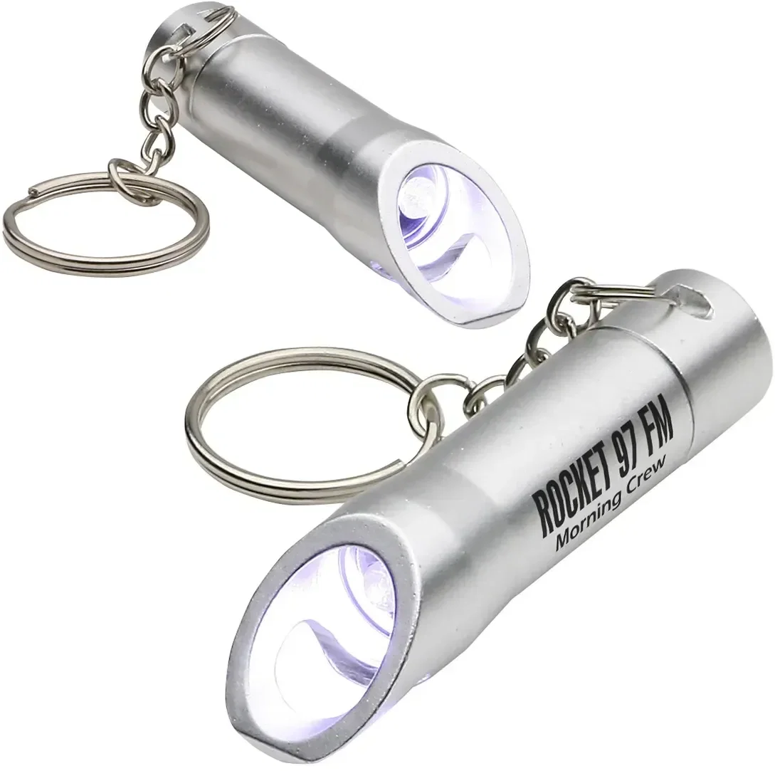 Branded 3-LED aluminum keychain opening a bottle, promotional bar giveaway
