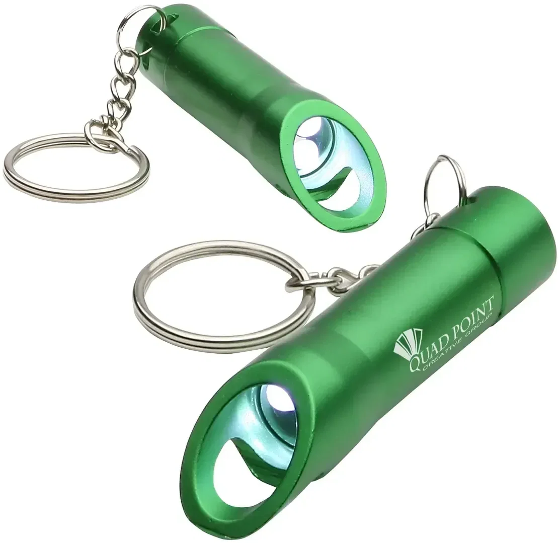 Promotional 3-LED bottle opener keychain with the 3-LED light on, branded giveaway