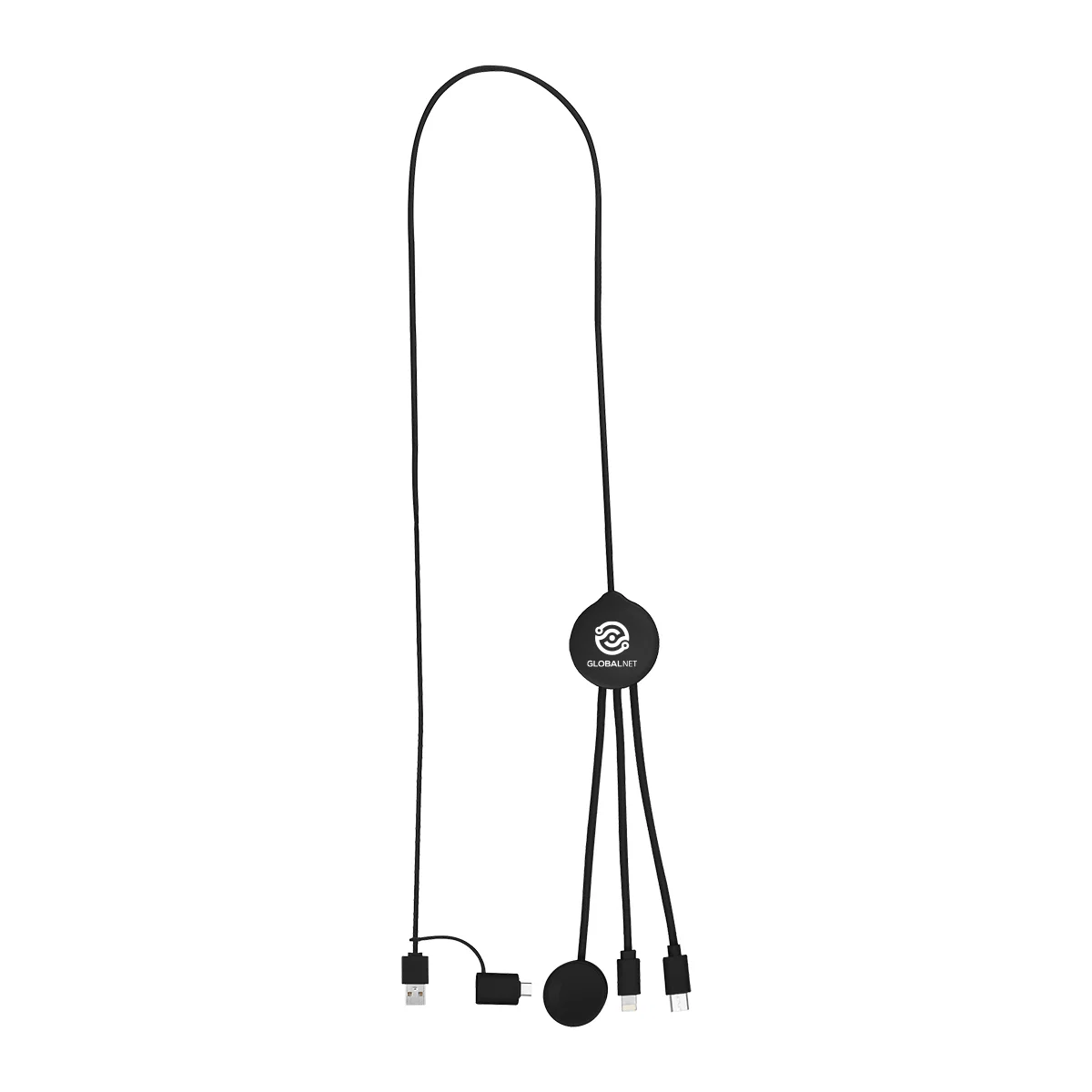 Black cable coiled beside its round docking pad