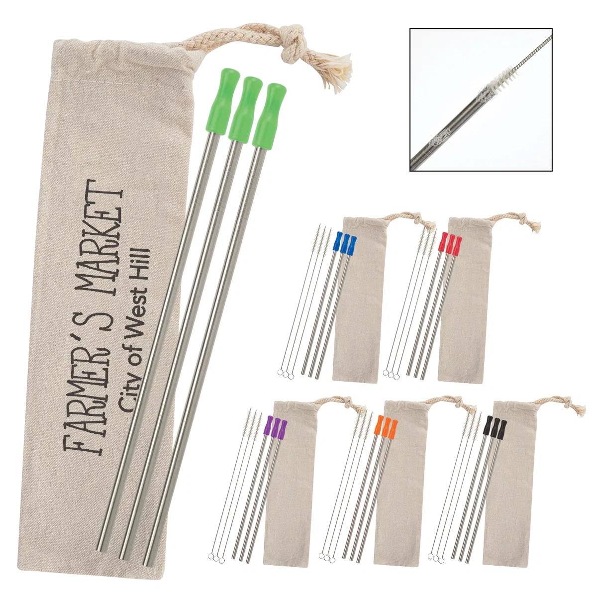 Straw set laid out next to its fabric bag