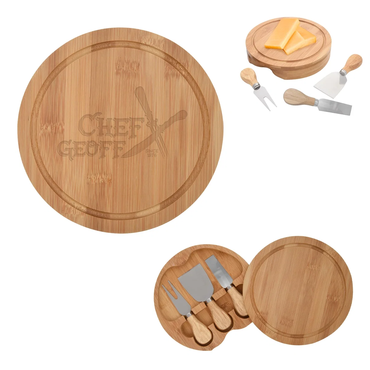 Round bamboo cheese board with three serving tools tucked underneath
