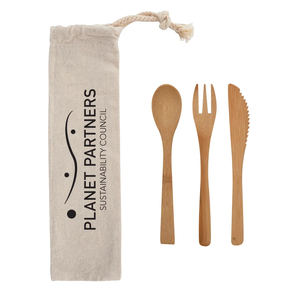 Three bamboo utensils tucked into a slim travel pouch