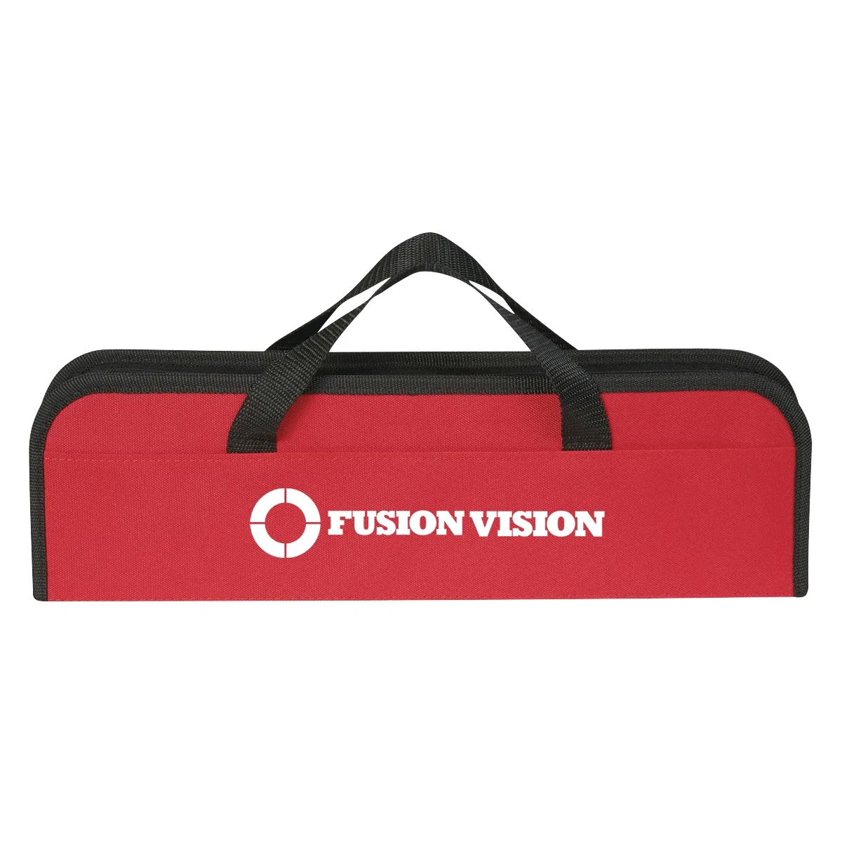 Three-piece barbecue tool set arranged inside its zippered carrying case