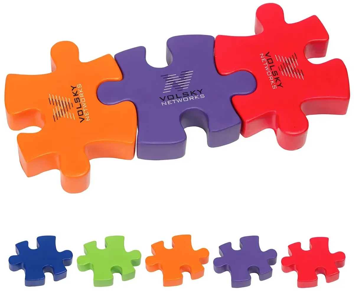 Custom 3-Piece Connecting Puzzle Stress Reliever Set, three interlocking promotional foam pieces with logo