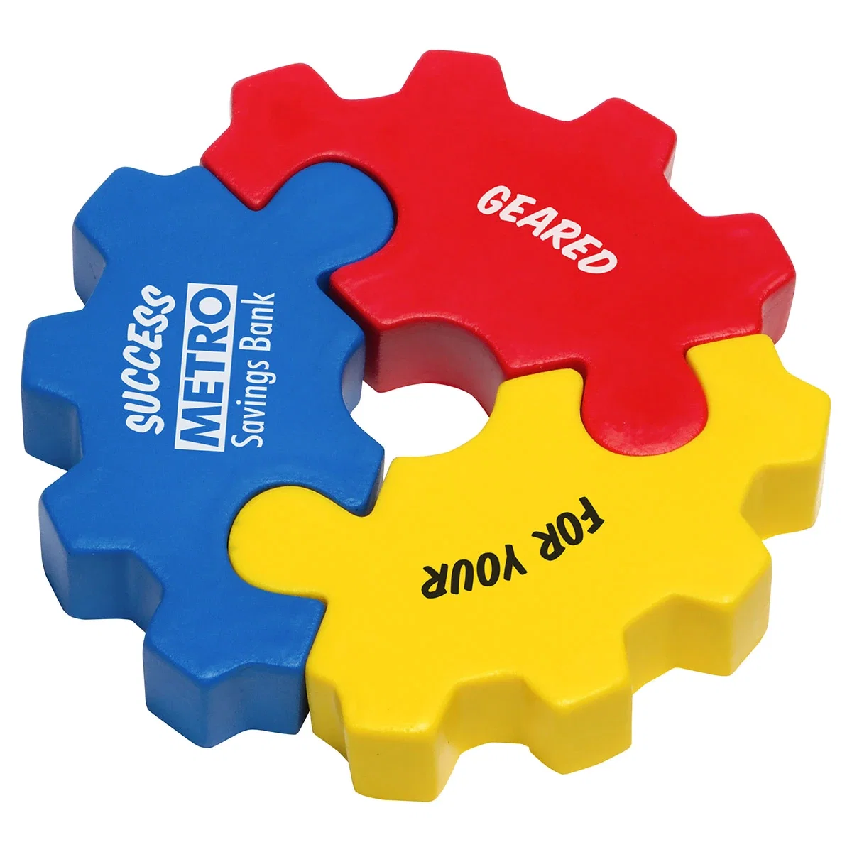 Three interlocking gear shaped puzzle pieces stress reliever set