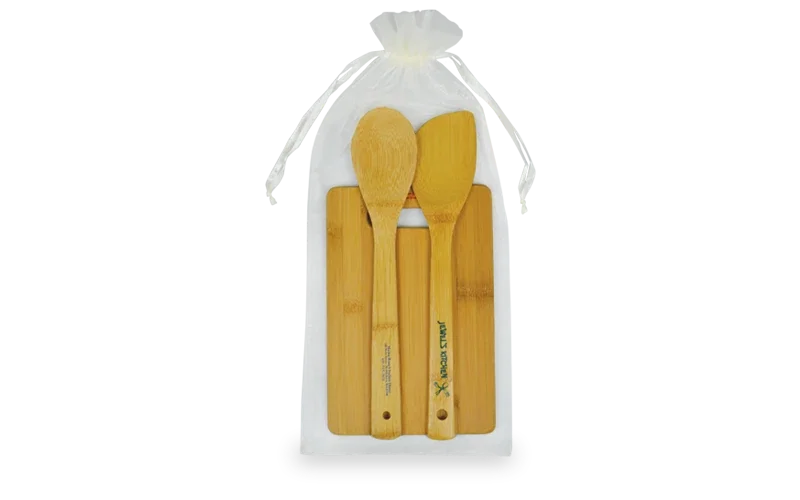 3-Piece Organza-Bag Bamboo Kitchen Set. Bamboo cutting board, spatula, and spoon gift set for closing gifts