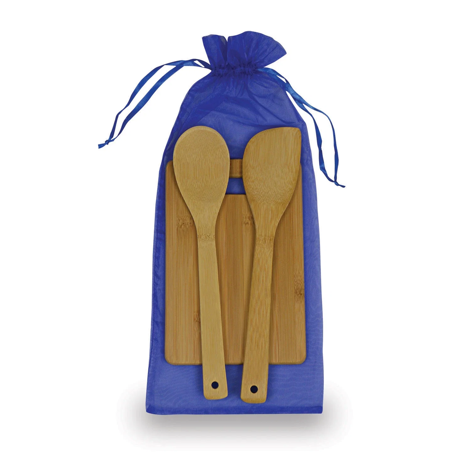 3-Piece Organza-Bag Bamboo Kitchen Set. Bamboo cutting board, spatula, and spoon gift set for closing gifts, view 2