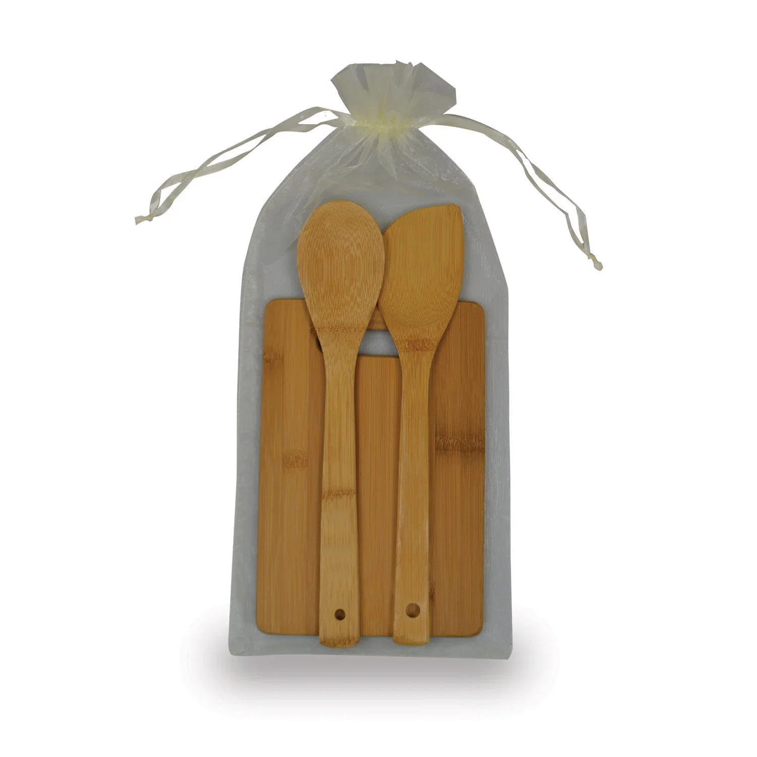 3-Piece Organza-Bag Bamboo Kitchen Set. Bamboo cutting board, spatula, and spoon gift set for closing gifts, view 3