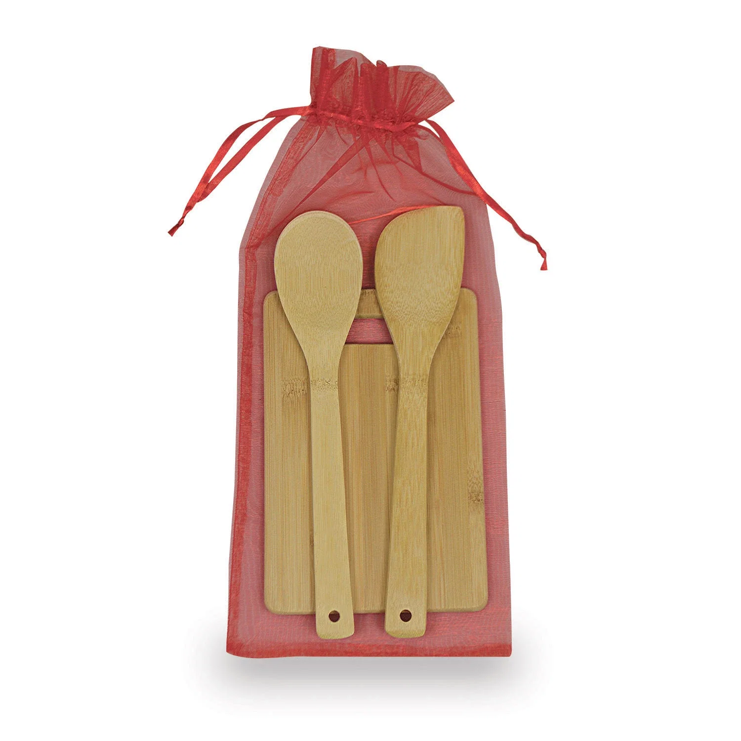 3-Piece Organza-Bag Bamboo Kitchen Set. Bamboo cutting board, spatula, and spoon gift set for closing gifts, view 4