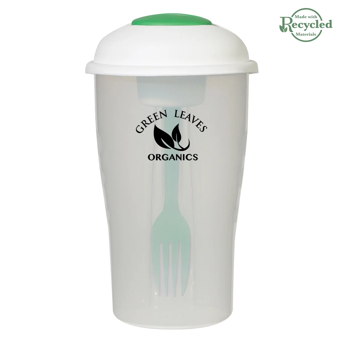 Green accented lid twisted onto the frosted white cup
