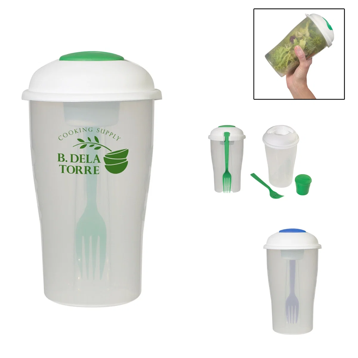 Three-piece salad shaker set standing eight inches tall