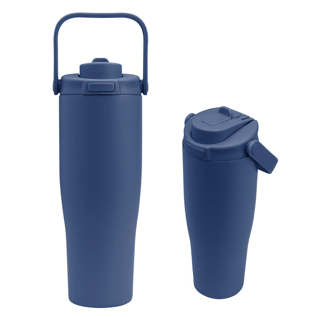 Navy tumbler pictured beside its two-way drinking lid