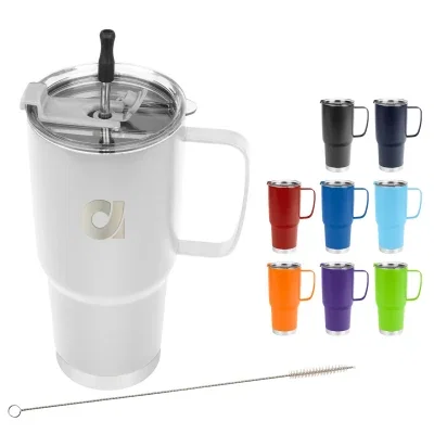 Stainless steel tumbler with a straw, holding 30 ounces.
