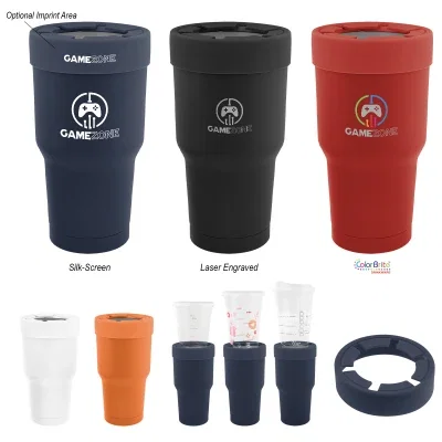 Black cooler standing upright at about seven inches tall