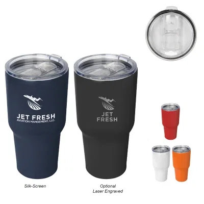 Recycled stainless steel tumbler holding 30 ounces, roughly seven inches tall.