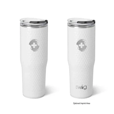 Golf ball textured tumbler in white, holding 30 ounces
