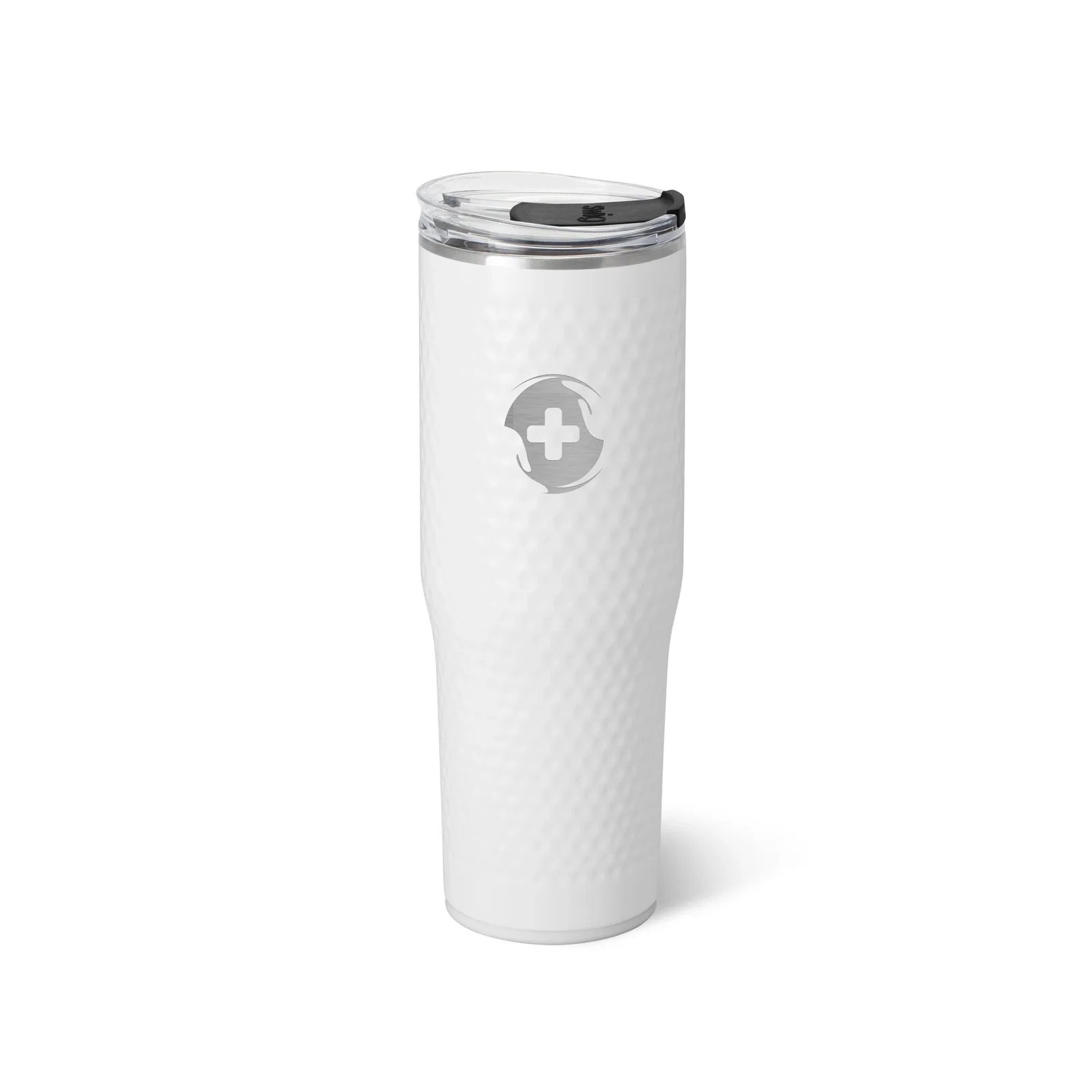 Dimpled surface wraps the body of this sport-themed vessel