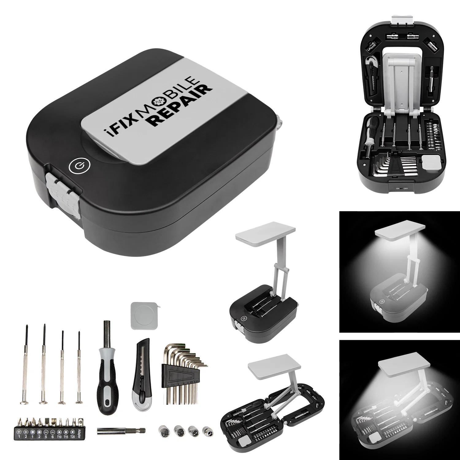 Thirty piece tool kit with a built-in light shown in its case