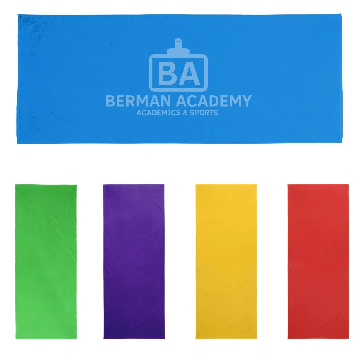 Cotton velour beach towel measuring thirty by sixty inches, shown folded