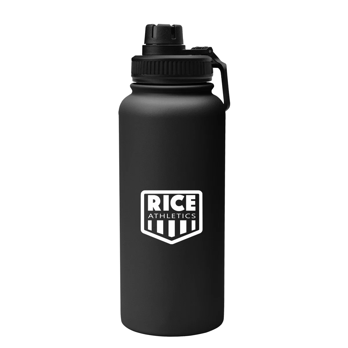 Black water bottle shown upright with the screw-on lid closed