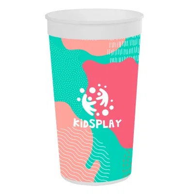 Straight-on view of the drink container and its wraparound print