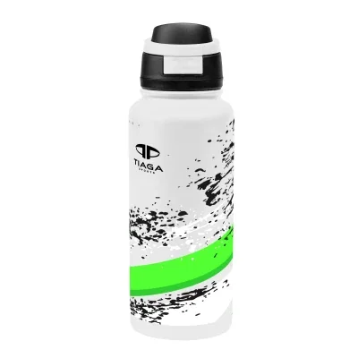Metal water bottle standing upright on a plain surface