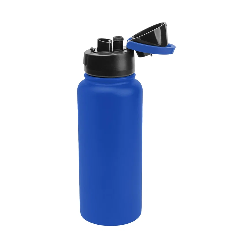 Three quarter angle of the tall steel bottle