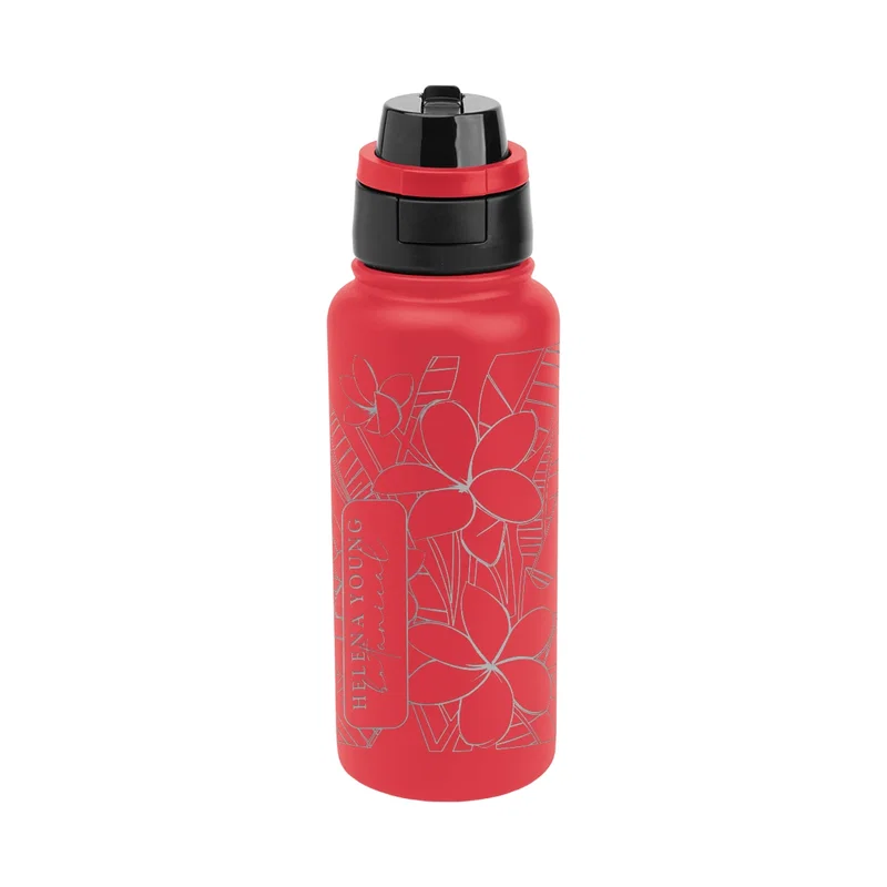 Tall drink bottle photographed beside its detached lid