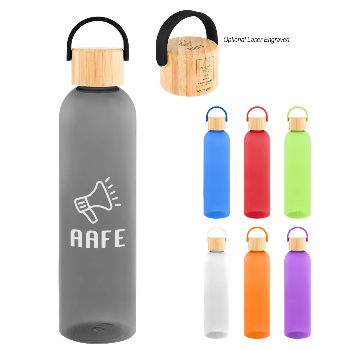 32 ounce recycled water bottle topped with a bamboo lid and handle