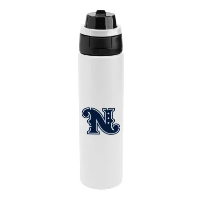 Navy bottle photographed straight on against a plain backdrop
