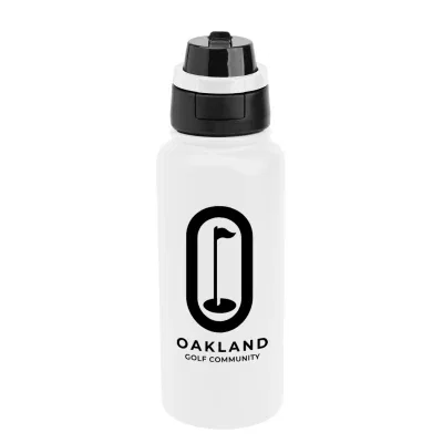 Stainless steel bottle standing upright with the sip lid on