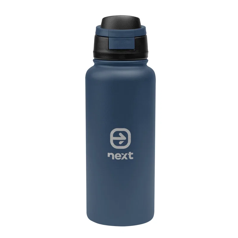 Left side of the water bottle with the screw lid facing the camera